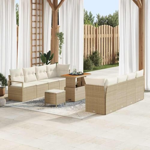 QJBSAVVA 11-teiliges Beige Rattan Garten-Sofa-Set 90x55x71 cm verstellbare Lehne Akazientisch