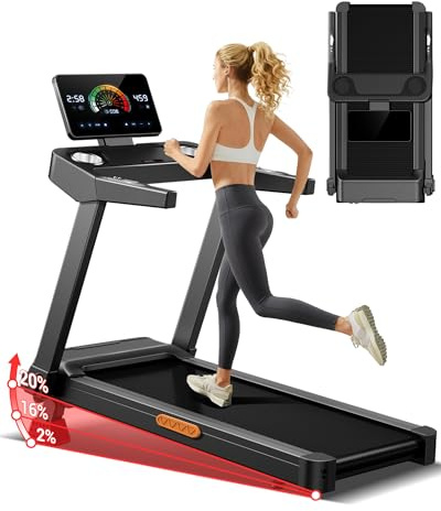 Treadmills for Home with 20% Incline, 14KM/H Foldable Treadmill with Handles, 3.5HP Motor Running Machine for Heavy People, 180KG Weight Capacity, Large Running Belt & Shock Absorption
