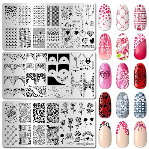 arriettycraft Valentines Day Nail Art Stamping Plates Set of 3 - Hearts, Roses, Bows & Plaid French for Romantic Feminine Nail Art Designs DIY Manicure Saloon Tools Supplies