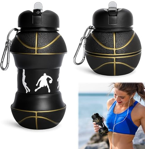 Ebksqs Faltbare Basketball Trinkflasche 550ml, BPA-frei Silikon wasserflasche faltbar für Sport & Reise, kompakter Geschenk Basketball-Trinkflasche (Schwarz)