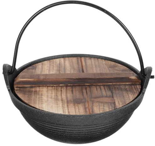 HEMOTON Petit Pot Chaud en Fer de 18 Cm Couvercle en Bois, Batterie Cuisine Légère et Résistante Haute Température pour Cuisson Porridge et Divers Aliments