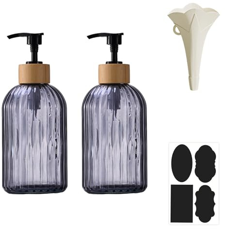 2 Pcs Smoke Grey Glass Soap Dispenser, 400ml Hand Wash Bottle Pump | Glass, for Bathroom Kitchen Sink Refillable with Funnel Label