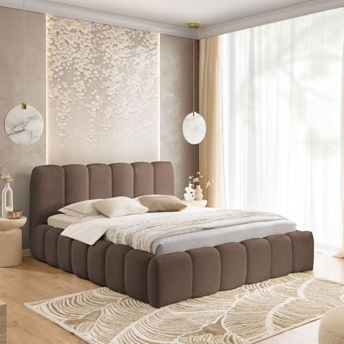 Home Collective Polsterbett Doppelbett Bubble Bett mit Stauraum viele Größen | Bettgestell mit Lattenrost weicher Bouclé Bezug mit Steppung niedriges Kopfteil | Schlafzimmer Möbel | Braun 180x200 cm