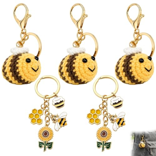 JazRvr 5 Stück Schlüsselanhänger Biene, Bienenhelfer Schlüsselanhänger, Schlüsselanhänger Gehäkelt, Set Mit Sonnenblumen Und Bienen Design, Perfekt Für Schlüsselbund Und Geschenk