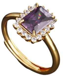 Verlobungsring Gold 9K/14K/18K Echte Goldschmuck mit Rechteck Lila Amethyst, Offener Ring Au 375/585/750 Gelbgold Hochzeitsband Moissanit Gr.47-65
