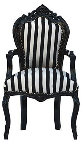 Casa Padrino Barock Esszimmerstuhl Schwarz/Weiß Streifen/Schwarz mit Armlehnen - Antik Stil Stuhl