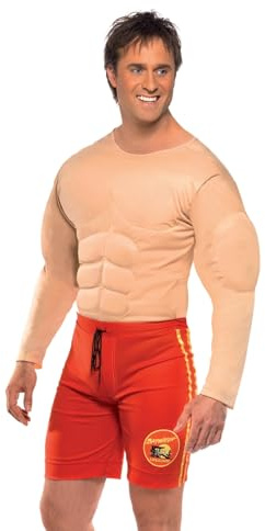 Smiffys Baywatch Lifeguard Costume in Red for Adults, Muscle Chest and Attached Shorts, Officially Licensed Baywatch, Perfect for 90s Themed Beach Parties, Couples, and Lifeguard Fancy Dress