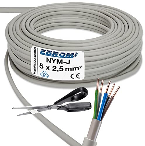EBROM NYM-J 5x2,5 mm² - Mantelleitung - Installationskabel - Feuchtraumkabel - grau - Auswahl in 5 Meter Schritten, auf den Meter genau geschnitten - Ihre Auswahl: NYM-J 5x2,5 mm², 50 Meter
