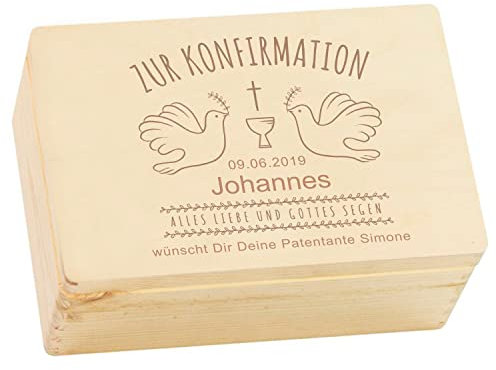LAUBLUST Holzkiste zur Konfirmation - Geschenkkiste Personalisiert mit Gravur - Tauben Motiv | Personalisiertes Konfirmationsgeschenk mit Name & Datum, FSC® (Natur, ca. 30 x 20 x 14 cm | M)