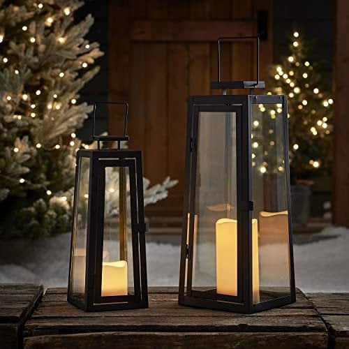 Lights4fun Juego de 2 Farolillos de Metal Negro con Velas LED para Interiores y Exteriores