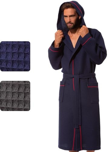 Morgenstern Waffelpique Bademantel Herren Marine dünn Sommer Männer Morgenmantel Kapuze Größe M Kapuzenbademantel Duschmantel langärmelig Blue