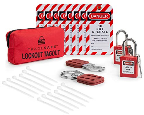 TRADESAFE Kit d'étiquetage de verrouillage avec moraillons, étiquettes de verrouillage, verrous Loto rouges – Kits d'étiquettes de verrouillage électrique pour conformité OSHA, kit Loto personnel (1