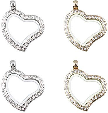 WANDIC Strass Foto Charm, 4 Stück Herz Form Kristall Bilderrahmen Bouquet Charm, Memory Medaillon für 2 Fotos