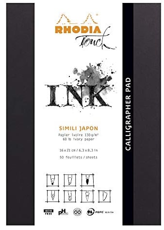 Rhodia 116122C - Notizblock Calligrapher Pad, kopfseitig verleimt, DIN A5+ (16x21 cm), 50 Blatt mikroperforiert, blanko, Clairefontaine Papier Simili Japon Elfenbein 130g, Schwarz, 1 Stück