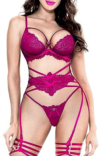 LOVE YOU SEXY Set di Lingerie da Donna in Pizzo, Reggiseno e Slip in Pizzo con Cintura, Set da 3 Pezzi, Rosa Viola, 4C