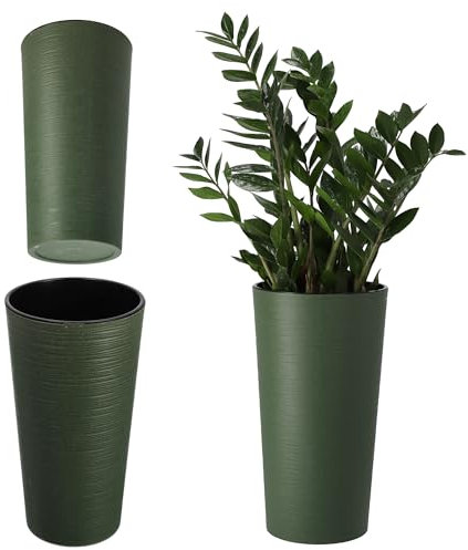 KADAX Cache-Pot décoratif Vert ⌀ 19 cm x H 36,8 cm, Plastique avec éclats de Bois, Insert Amovible – idéal pour Les Plantes en Pot