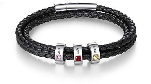 ALBERTBAND Herren Armband Schwarz Personalisierte Geburtssteine Armbänder Silber Leder Armband Damen mit Gravur 1-5 Namen Freundschaft Familie Geschenke Silber Charm Armband (3 names-21cm)