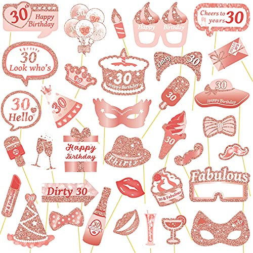 AIBAOBAO 35PCS 30th Birthday Photo Booth Props, Rose Gold 30th Birthday Decorations for Women, Funny christmas photo booth props DIY Kit 30th Birthday Selfie Props Party Supplies Decoration and Favors