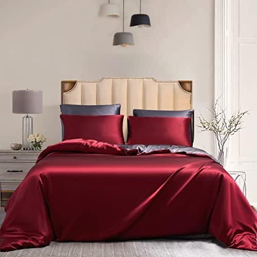 Damier Satin Bettwäsche 200x220cm Rot Grau Glanzsatin Wendebettwäsche Set Seidig Glänzend Luxus Bettbezug mit Reißverschluss und 2 Kissenbezüge 80 × 80 cm