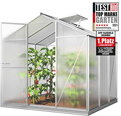 GFP Serre ECO 3 Cadre Aluminium 192x192 cm Plaques Double paroi 8 mm avec Cadre de Fondation et ouvre-fenêtre Automatique