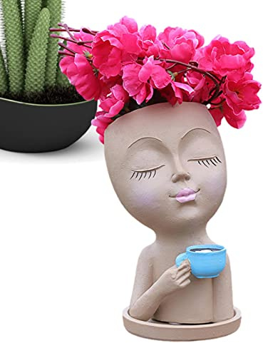Lecerrot Maceta Cara - Face Planter Bebiendo Café,Maceta Resina para Plantas con Orificio Drenaje para decoración Escritorio Chimenea