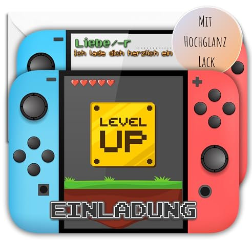 12x EINLADUNGSKARTEN +Umschläge mit LVLUP Videospiel Gamer Design in Hochglanzoptik für coole Mädchen & Jungen Gaming Kindergeburtstag Konsolen Zocker Party