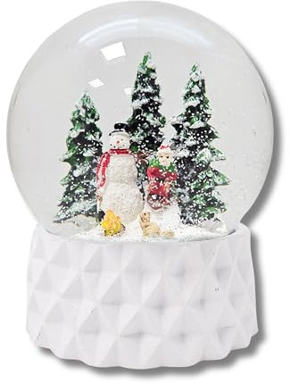Schneekugel Winter Schneemann mit Kind auf Schlitten, Sockel weiß Kubisch, Pure-Line, Durchmesser 100mm Schüttelkugel, 20169