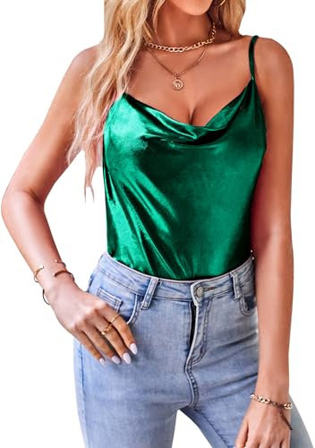 VIDUSSA Damen Funkelnde Tops Glitzer Oberteile Ärmellose Blusen Sommer Tank Shirt Spaghetti Camisole Tops Grün L
