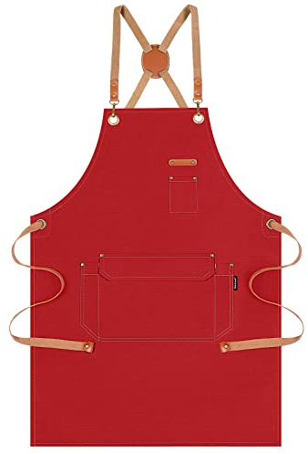 Genixart Chef Apron Men Women, Kitchen Aprons Cooking, BBQ - Red