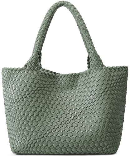 Queenoris Gewebte Tasche für Frauen, Mode Top Griff Umhängetasche Veganes Leder Shopper Tasche Große Reisetasche, Bean Green