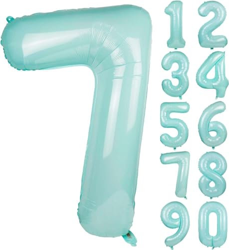Folienballons * Macaron-Farben * als Zahlen Deko für Geburtstag und Party | XXL-Größe: 100cm | Zahl Luftballons Ballons Folienballon Ballondeko Kindergeburtstag, Edition: Mint-Blau Zahl 7