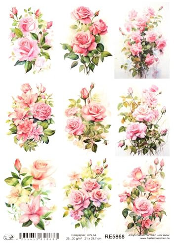 Josys Bastelmärchen Reispapier A4 Strohseide Decoupage Serviertentechnik rosa Rosen Rose RE5868