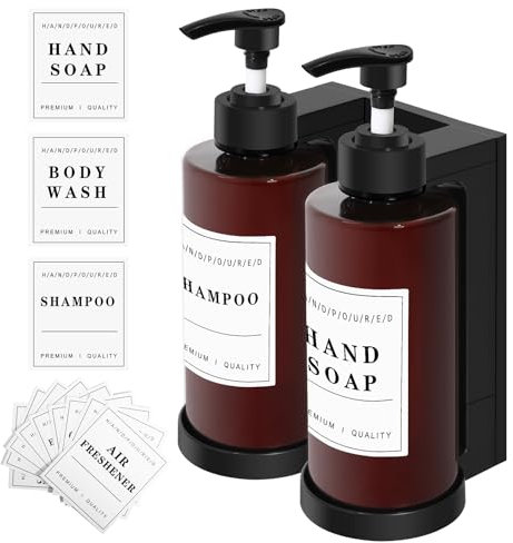 2 Pezzi Dispenser Sapone Doccia Da Muro Senza Foratura, Dispenser Sapone Bagno con Etichette, 300ML Dispenser Shampoo e Bagnoschiuma, Dispenser di Liquidi Ricaricabile Per Bagno Doccia Shampoo Balsamo