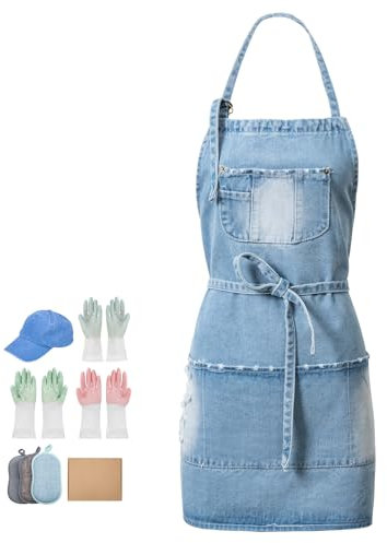 Jowcud Delantal de mezclilla con 5 bolsillos para cocinar, delantales de estilista para mujeres y hombres, delantal de mezclilla ajustable, Juego de delantal vaquero azul, Small
