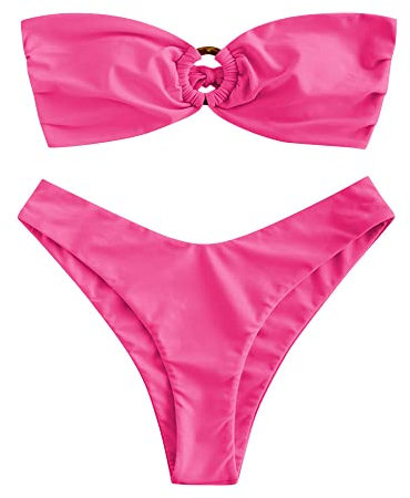 ZAFUL Damen Bikini Set mit O-Ring und Raffung hinten, hoher Schnitt, Bandeau Bikini Set, solide gepolstert, trägerlos, Zweiteiliger Badeanzug (1-Heißes Rosa,L)