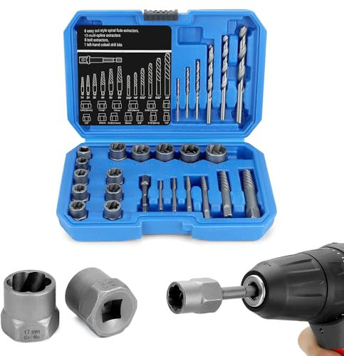 QWORK® 26 pezzi set di estrattori per viti professionale, estrattori di bulloni, set di estrattori sinistro, 8-19 mm