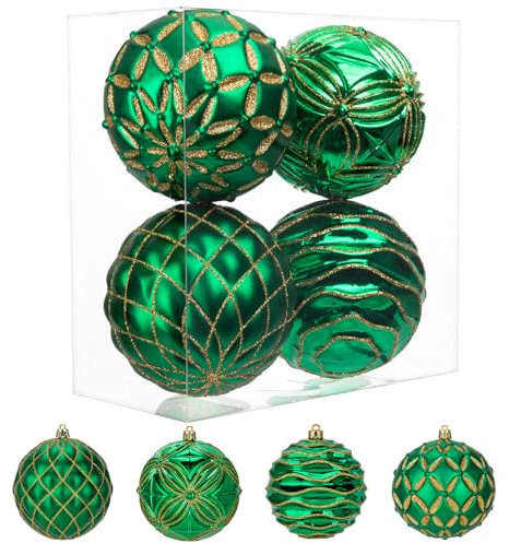 Ø10cm 4er-Set Weihnachtskugeln Christbaumschmuck Große Weihnachtskugeln Kunststoff Weihnachtsdeko Weihnachtsbaum Dekoration Set für Weihnachtsbaum Christbaumkugeln, Grün