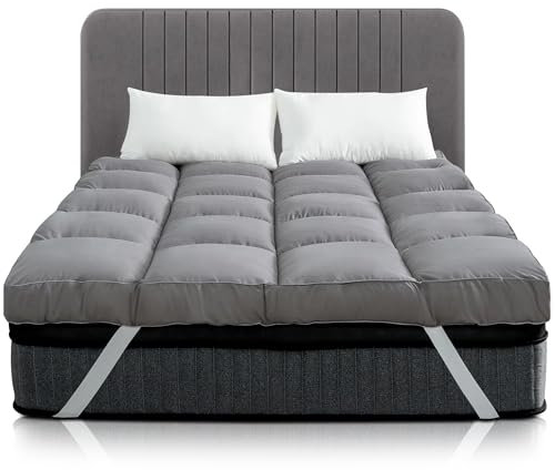 Linens World Mattress Topper Double Bed Grey | Quilted, Super Soft Microfiber 1200GSM Fiber Fill Anti Allergy, Washable Topper Fits with Elastic Straps For Extra Comfort (137X190CM)