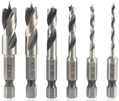 Treki 6PCS Brad Point Drill Bit Set HSS Brad Point Stubby Drill Bits 1/4 Inch Hex Shank Quick Change Wood Brad-Point Drill Bits for Woodworking and All Types of Wood 3/8 5/16 1/4 3/16 1/8 3/32