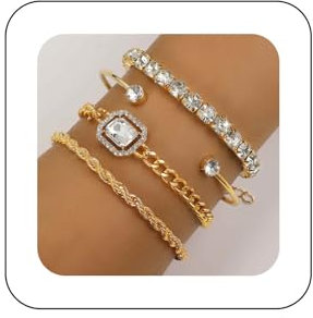 Xmsrn Vintage Geschichteten Kristall Tennis Armband Strass Armreif Armband Set Gold Klobig Cz Kandare Kette Armband Kristall Quadrat Armband Schmuck Für Frauen Und Mädchen (gold)