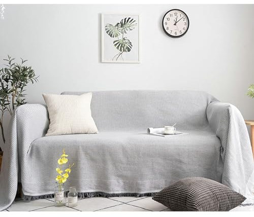 AMDXD Überwurfdecke, Einfarbig Waffle Muster mit Quaste Sofaüberwurf Zweisitzer, Anti-Rutsch Sofahusse in Polyester Anti-Rutsch-Couch - 90x180CM, Grau