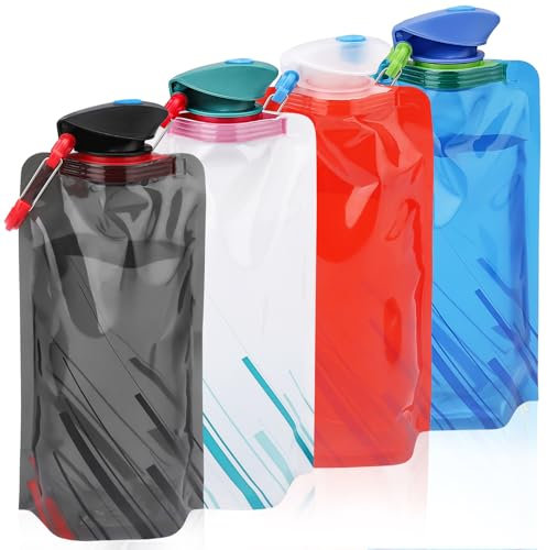 LEMONSTONE Faltbare Trinkflasche, 4 Stück 700ML Wiederverwendbare Trinkflasche Faltbar, BPA-Freie Wasserflasche mit Clip, Trinkflaschen Faltbar, Wasserflasche für Wandern, Abenteuer, Reisen