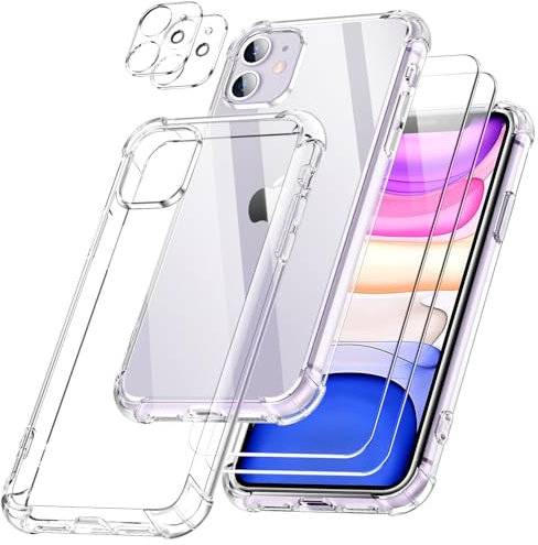 SOGUDE 5 en 1 Coque pour iPhone 11 avec 2 Verre Trempé et 2 Caméra Protecteur, Étui de Protection Antichoc avec Coussin d'air Intégré Mince Bumper Housse - Transparente