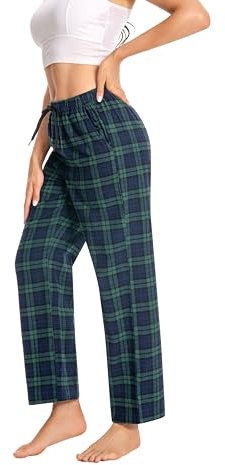 Cyathea Pantalon de pyjama pour femme - 100 % flanelle de coton - Pantalon de pyjama à carreaux - Avec poches - Vêtement de nuit - Bas de pyjama doux pour femme - Taille réglable avec cordon de