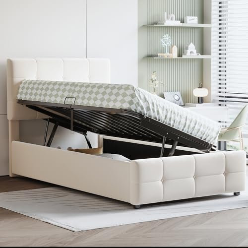 Kayan Polsterbett Kinderbett 90x200 cm, Hydraulisches Stauraumbett, Höhenverstellbares Kopfteil, Einzel-Hoch Boxbett, Samtstoff (Beige)
