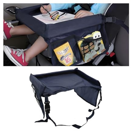 CGEAMDY Tablett für Kinder, Kindersitz, Kindertisch, Autozubehör, leicht reinigbar, mit Seitentaschen, für Rücksitz (Marineblau)