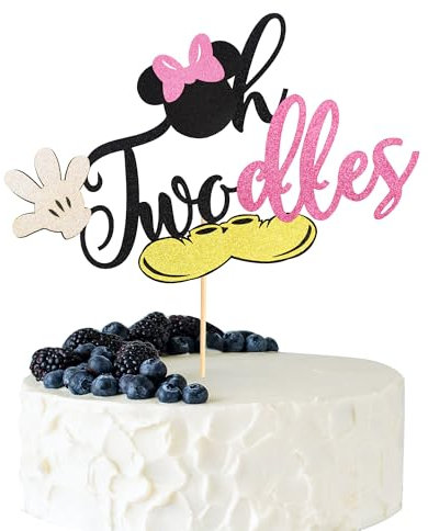 Arthsdite 1Pc Mini Mouse Inspired Oh Twodles Cake Topper for Girls, Black Pink Glitter Mouse 2nd Birthday Cake Topper for Second Birthday Party Decorations Supplies
