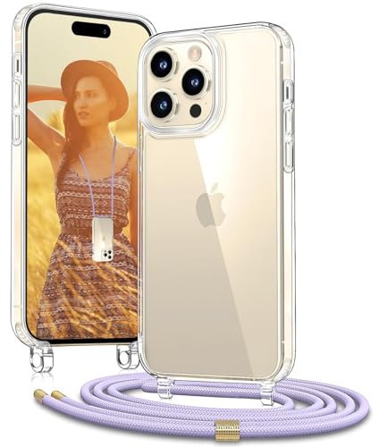 OLEPHY Handykette für iPhone 15 Pro Hülle mit Band - Necklace Handyhülle - Transparente Case zum Umhängen mit Kameraschutz und Bildschirmschutz - Lila