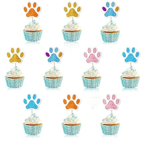 20stk Cupcake Toppers mit Hundepfoten, Glitzernde Cupcake Toppers mit Welpenpfoten Blaue Cupcake-Toppers mit Hundemotiv Geburtstagsparty Dekorationen mit Cartoon-Hund für Geburtstagspartys