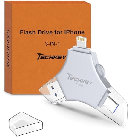 MFi Certified USB 3.0 Flash Drive 128GB for iPhone, 3in1 External Memory Photo Keeper Storage Stick for Picture/Video/Data Saver/Backup, High Speed Thumb/Jump/Hard Drives for iPhone/iPad/Android/PC